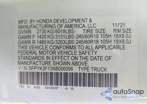 2022 Honda Ridgeline Sport from USA, damaged, VIN 5FPYK3F13NB006096